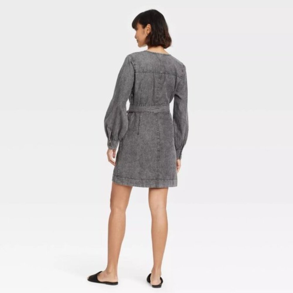 Who What Wear Black Acid Wash Faux Wrap Mini Dress XS - Picture 2 of 8